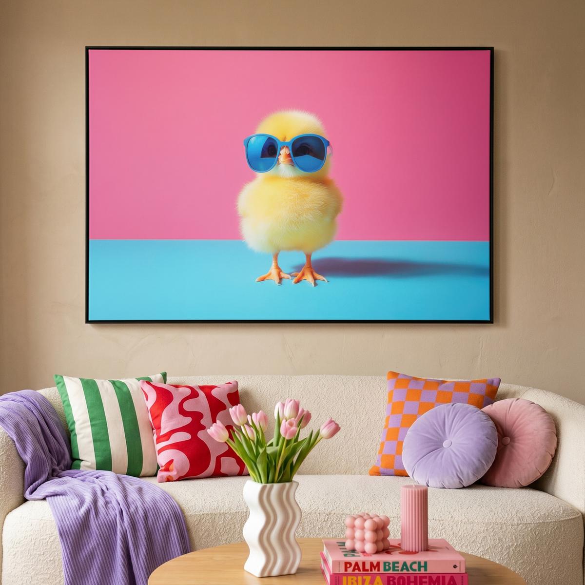 LEINWAND Bilder mit Rahmen - Chick - Sonnenbrille - Blau - 140x90 - Pink, Textil (140/90cm) - MuchoWow