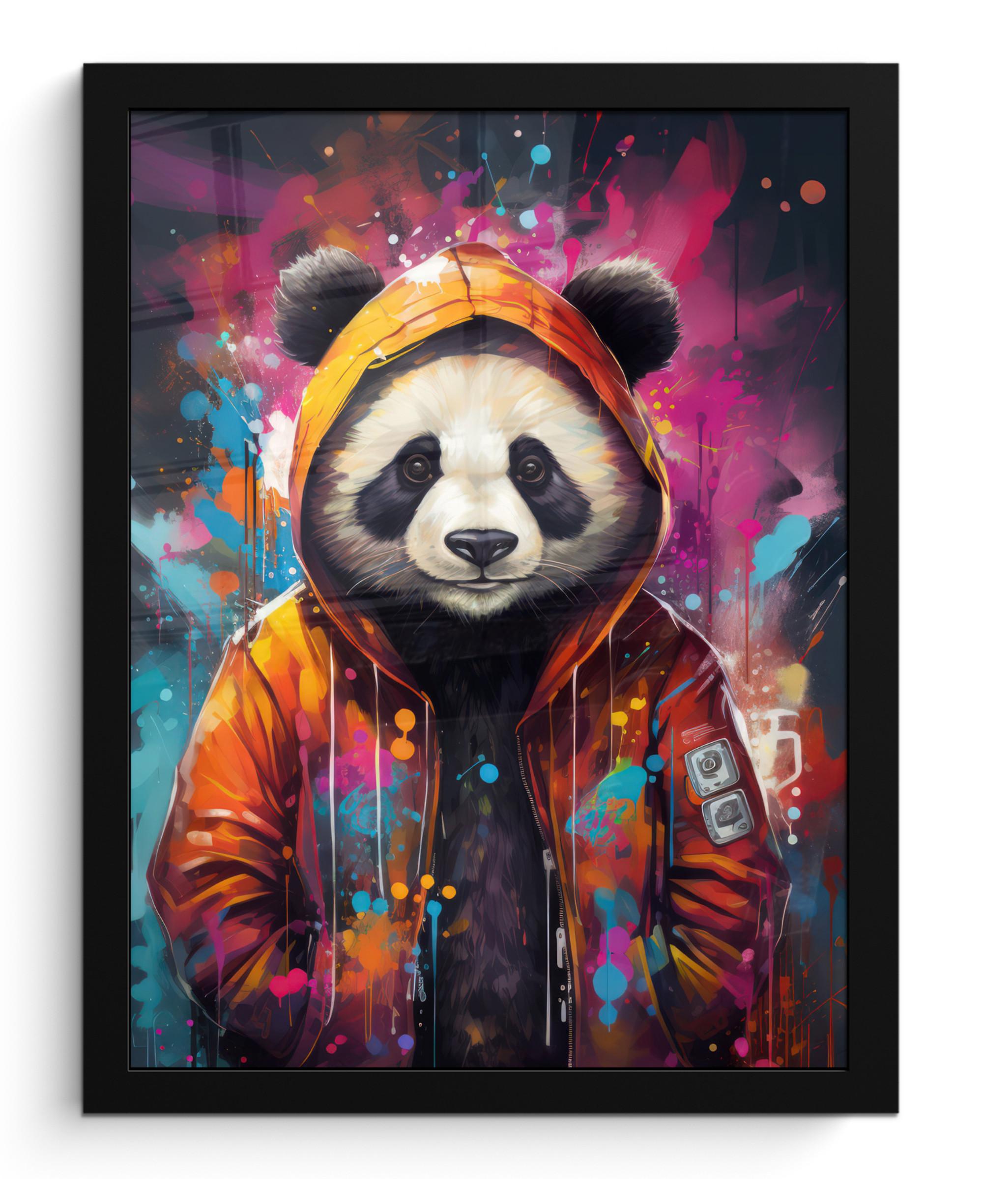 POSTER MIT RAHMENGERAHMTES BILD Panda - Jacke - Graffiti - Orange Bilderrahmen 30x40 cm - Orange, Papier (30/40cm) - MuchoWow