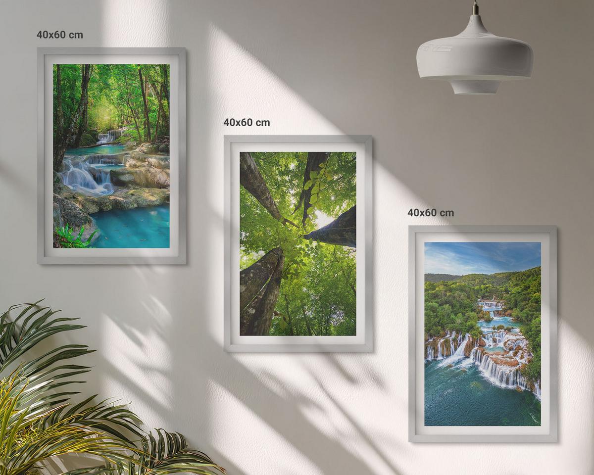 BILDER SET 3er Set - 40x60 cm Silberner Rahmen - Wasserfälle grüner Wald Wasser - Silberfarben, Kunststoff (40/60cm) - TULUP