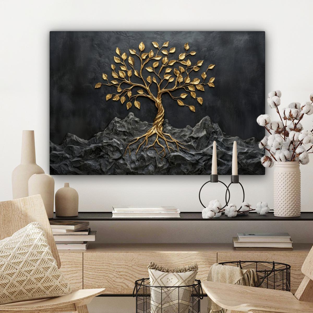 LEINWANDBILD Blätter - Gold - Baum - Fels Gemälde 60x40 cm - Schwarz, Textil (60/40cm) - MuchoWow
