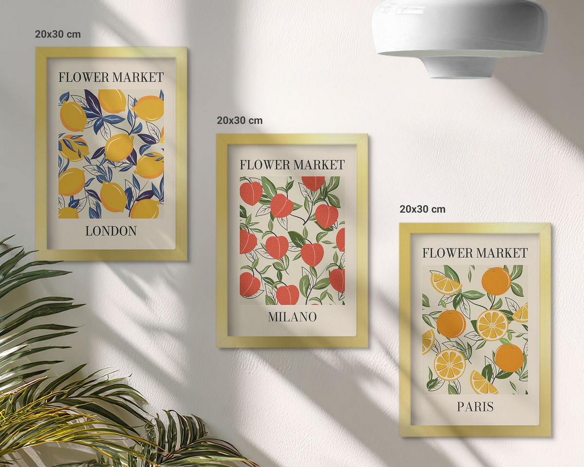 BILDER SET 3er Set - 20x30 cm Goldrahmen - Blumenplakate in Städten - Goldfarben, Kunststoff (20/30cm) - TULUP