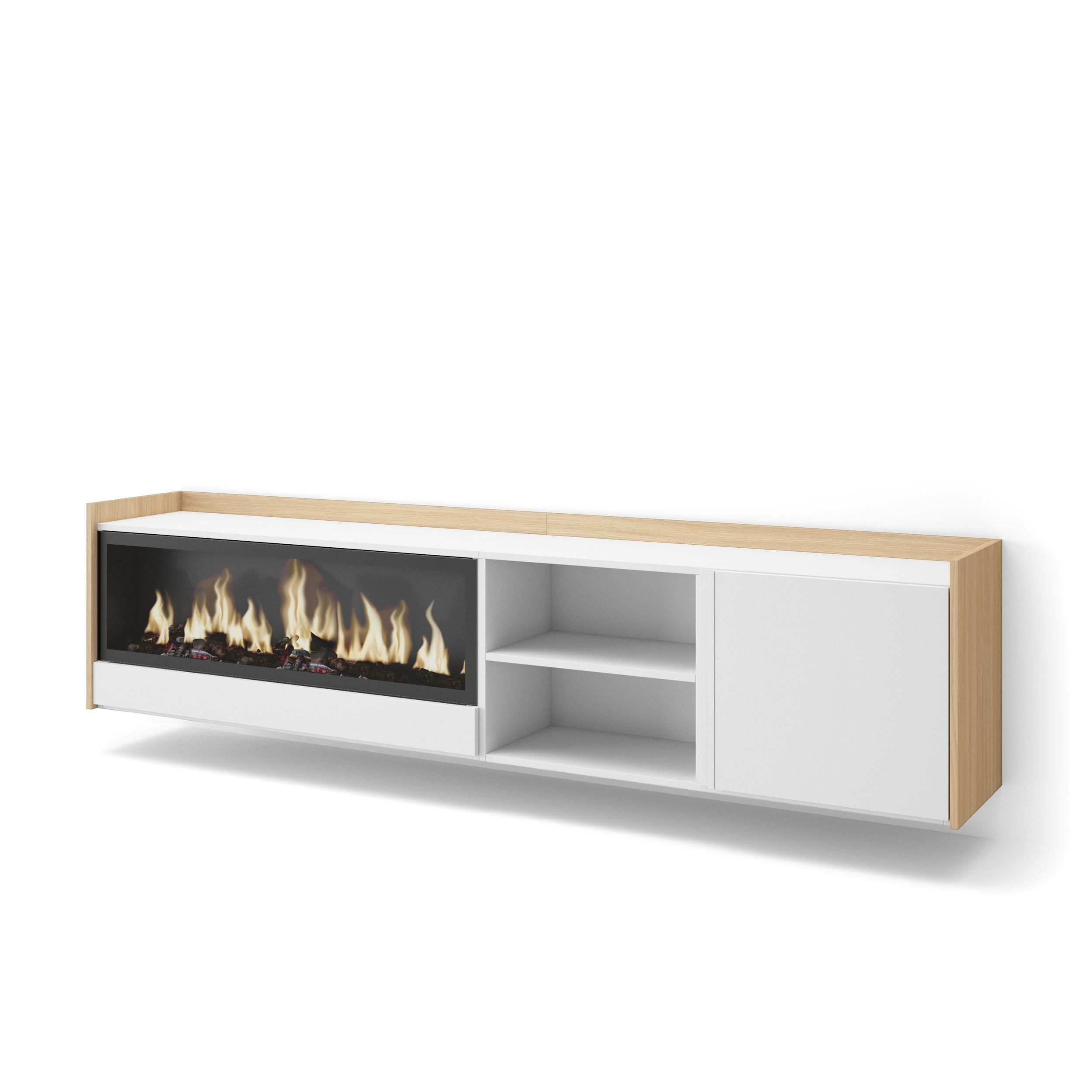 LOWBOARD, Weiß und Eiche, 212/35/50cm, Kamin mit Feuereffekt XXL - Weiß, Holzwerkstoff (212/50/35cm) - Skraut Home