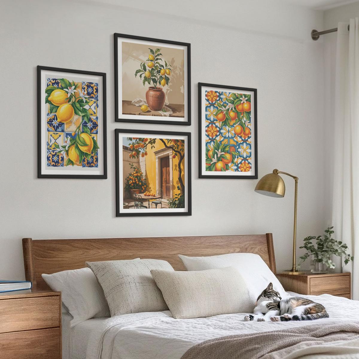 BILDER SET 4er Set - 50x50 cm & 40x60 cm Schwarzer Rahmen - Zitronenorange Blütenmuster - Schwarz, Kunststoff (50/50cm) - TULUP