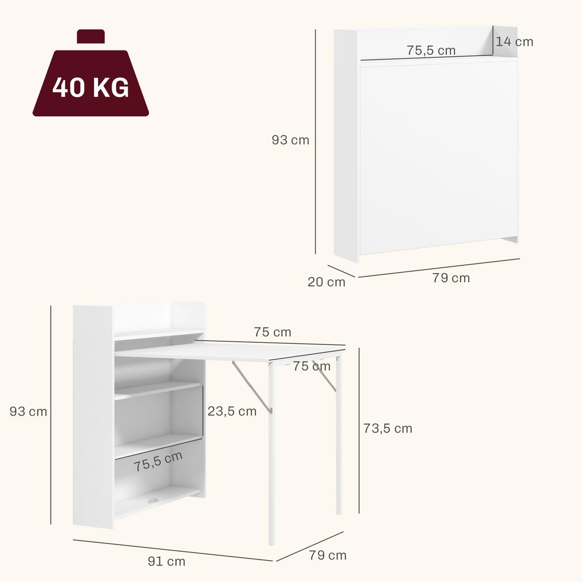 ESSTISCH Klappbar Küchentisch mit 4-stufigen Regalen für 3 Personen, Weiß - Weiß, Holzwerkstoff/Kunststoff (91/78.5/93cm) - HOMCOM