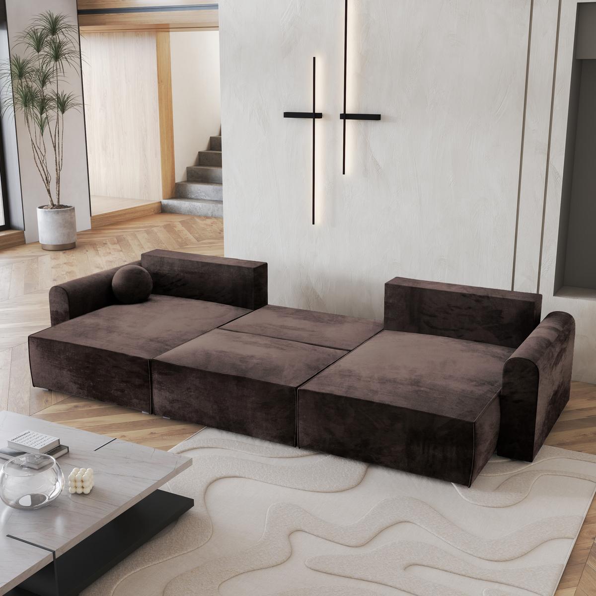 WOHNLANDSCHAFT FENTO M Braun Velours-Stoff mit Schlaffunktion - Braun/Grau, Holz/Kunststoff (347/90/148cm) - MASSENO