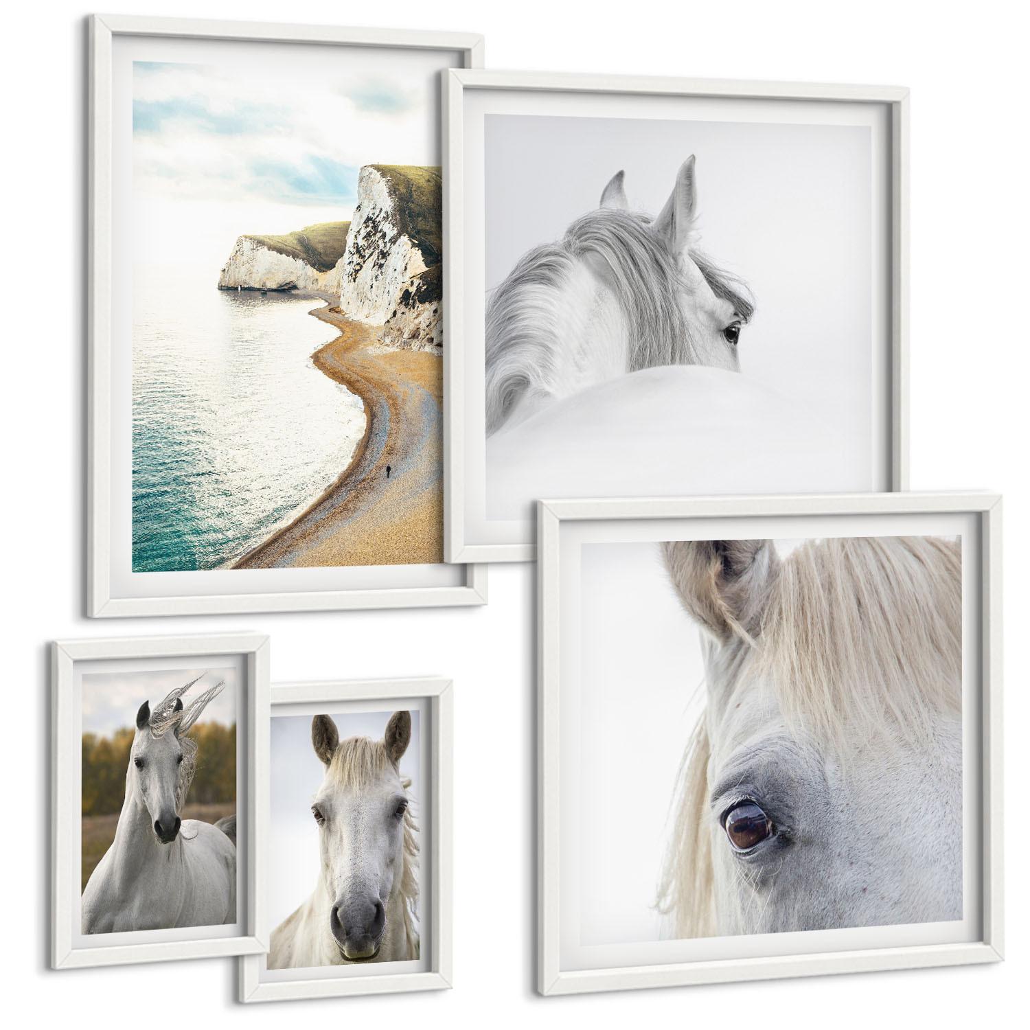 BILDER SET 5er Set - 50x50 cm & 20x30 cm & 40x60 cm Weißer Rahmen - Kontrastierende abstrakte Porträts - Weiß, Kunststoff (40/60cm) - TULUP