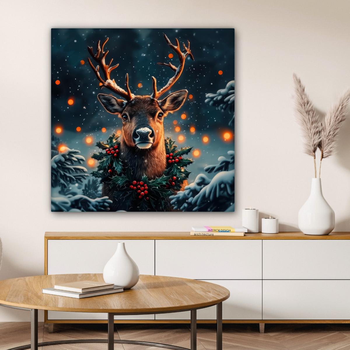 LEINWANDBILD Hirsch - Weihnachten - Winter - Schnee - Weihnachtskranz Deko Groß 90x90 cm - Dunkelbraun, Textil (90/90cm) - MuchoWow
