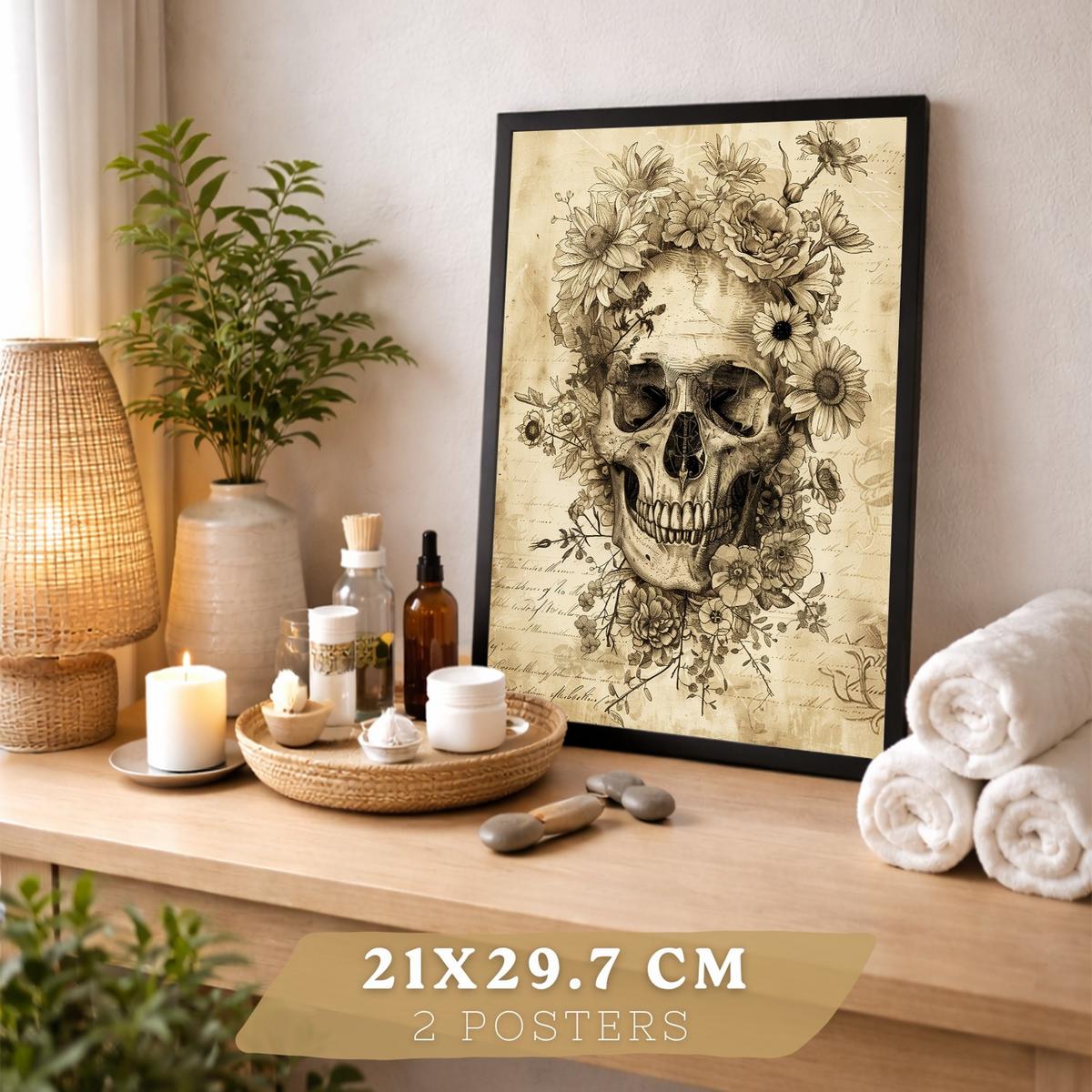 POSTER Set aus 2 Anatomie Mensch Drucke und Wandbilder mit Schädel Wirbelsäule Rippen Becken Klassisches Vintage Design Größe Schwarzer Rahmen A4 - Schwarz, Papier (21/29.7/3cm) - Nacnic