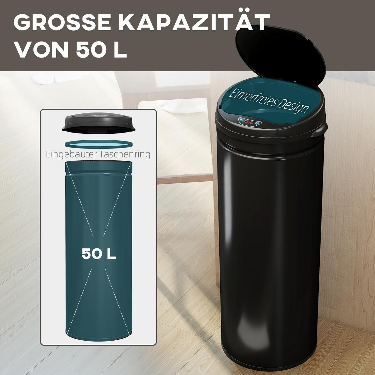 MÜLLEIMER mit Sensor 50L Edelstahl Automatischer Mülleimer mit Soft-Close-Deckel - Schwarz, Metall (30.5/85/30.5cm) - HOMCOM