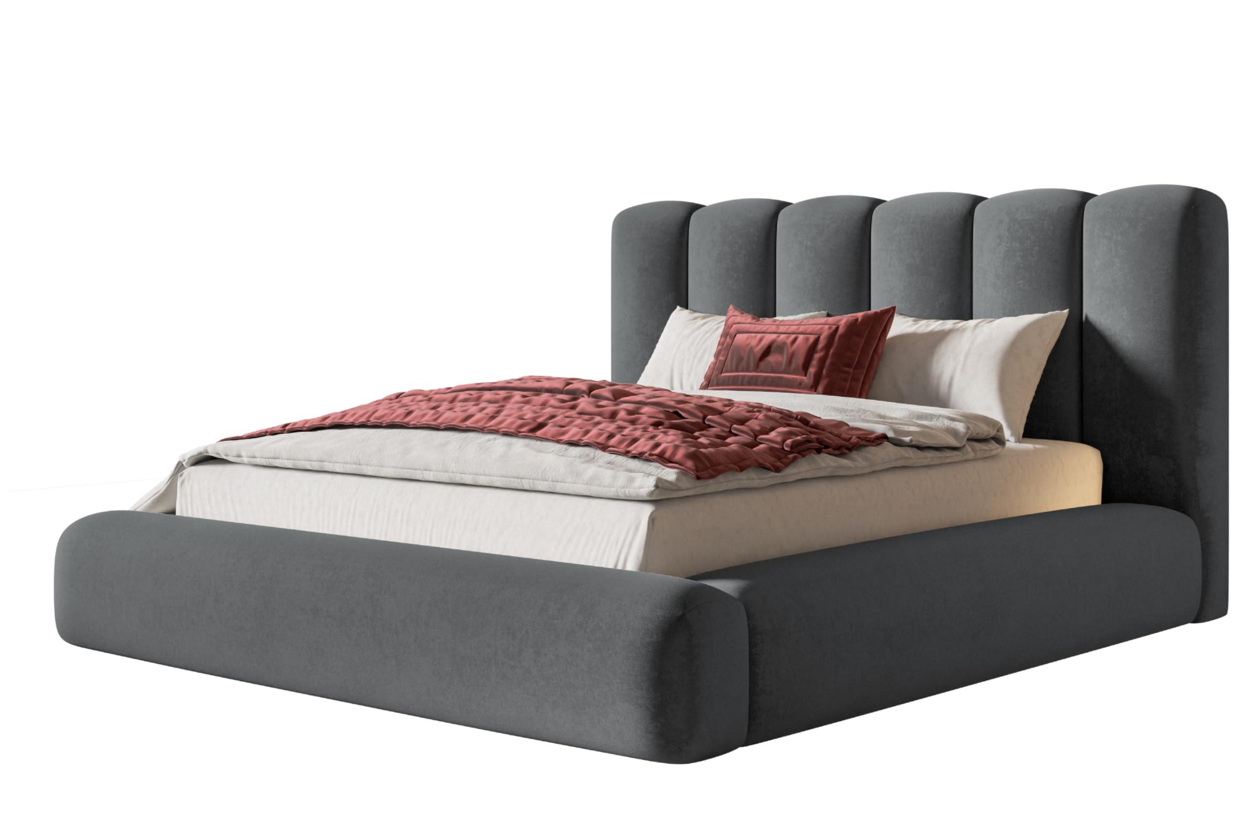 BETT 180x200 - Polsterbett mit Bettkasten und Metallrahmen - Modern Bett - Eleganter Jasmine-Stoff - Kollektion Alva Maxi - Grau - Grau, Holz/Textil (180/200cm) - Alpi-Möbel