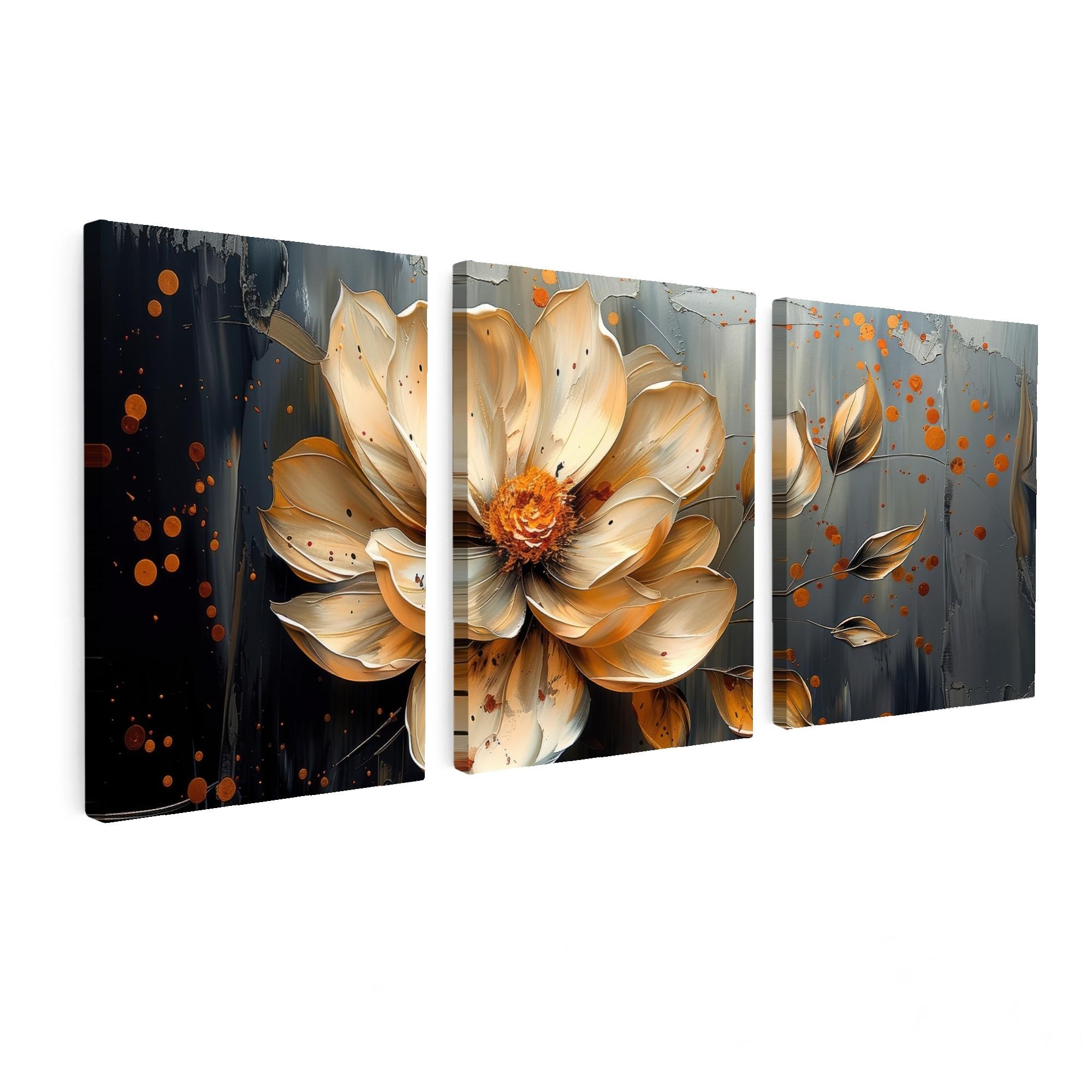 LEINWANDBILD 3er Set Blume - Gold - Abstrakt - Farbe 90x40 cm - Creme, Textil (90/40cm) - MuchoWow