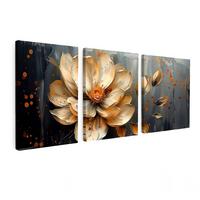 LEINWANDBILD 3er Set Blume - Gold - Abstrakt - Farbe 90x40 cm - Creme, Textil (90/40cm) - MuchoWow