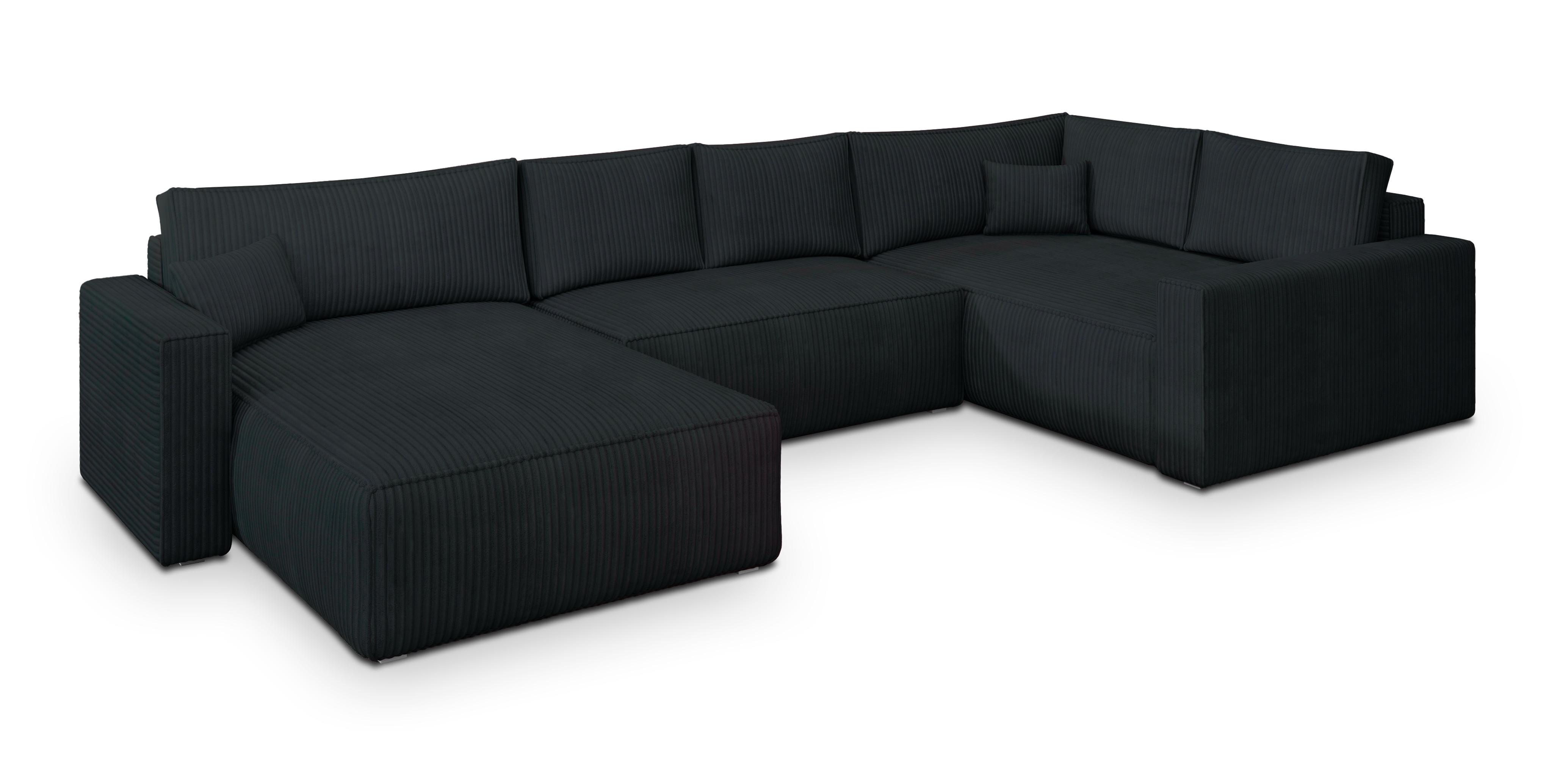 WOHNLANDSCHAFT VELAMI R-S Schwarz Kordstoff mit Schlaffunktion - Schwarz, Holz (365/83/194cm) - MASSENO