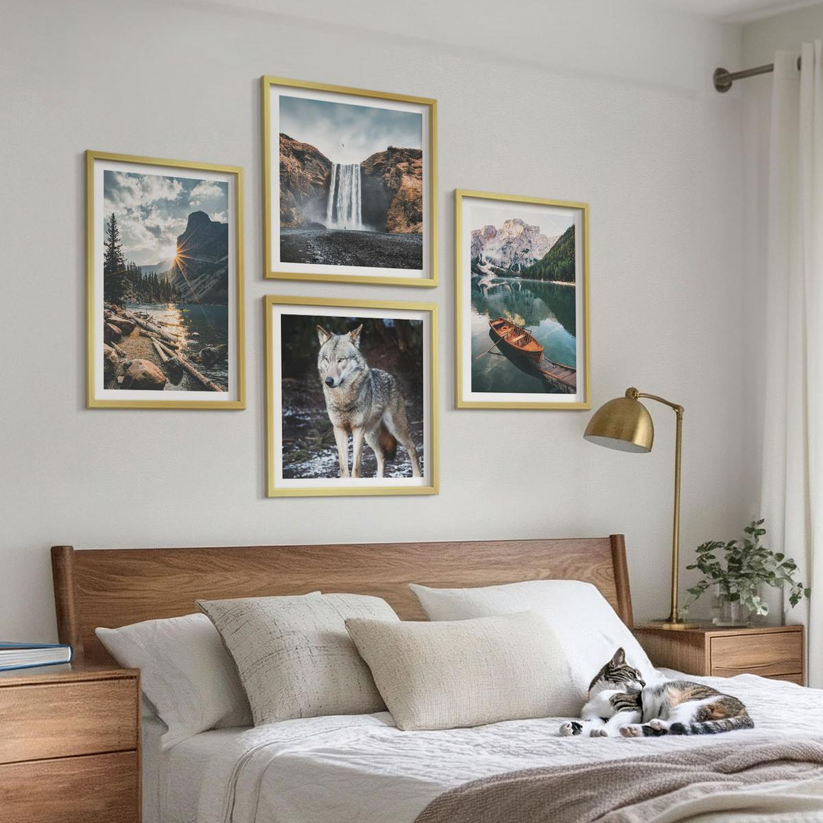 BILDER SET 4er Set - 50x50 cm & 40x60 cm Goldrahmen - Berge, Seen, Wasserfall, Wolf - Goldfarben, Kunststoff (50/50cm) - TULUP