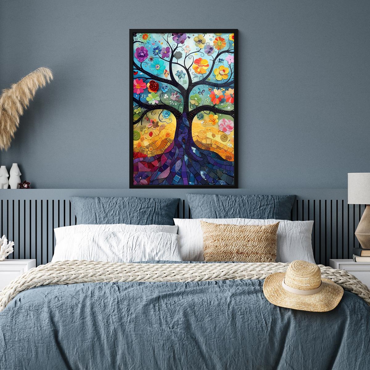 POSTER MIT RAHMENGERAHMTES BILD Kunst - Baum des Lebens - Blumen - Hippie 60x90 cm - Dunkelblau, Papier (60/90cm) - MuchoWow