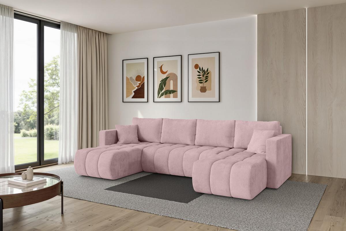 WOHNLANDSCHAFT mit Schlaffunktion und Bettkasten GARD-U 300x146x85 Rosa Cord - Schwarz/Rosa, Holzwerkstoff/Kunststoff (300/85/146cm) - ALTDECOR