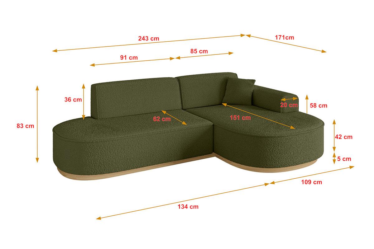 ECKSOFA Ottomane Rechts MARI-L1-v2 - 243x171x83 cm Grün Bouclé - Grün, Holzwerkstoff/Textil (171/243cm) - ALTDECOR