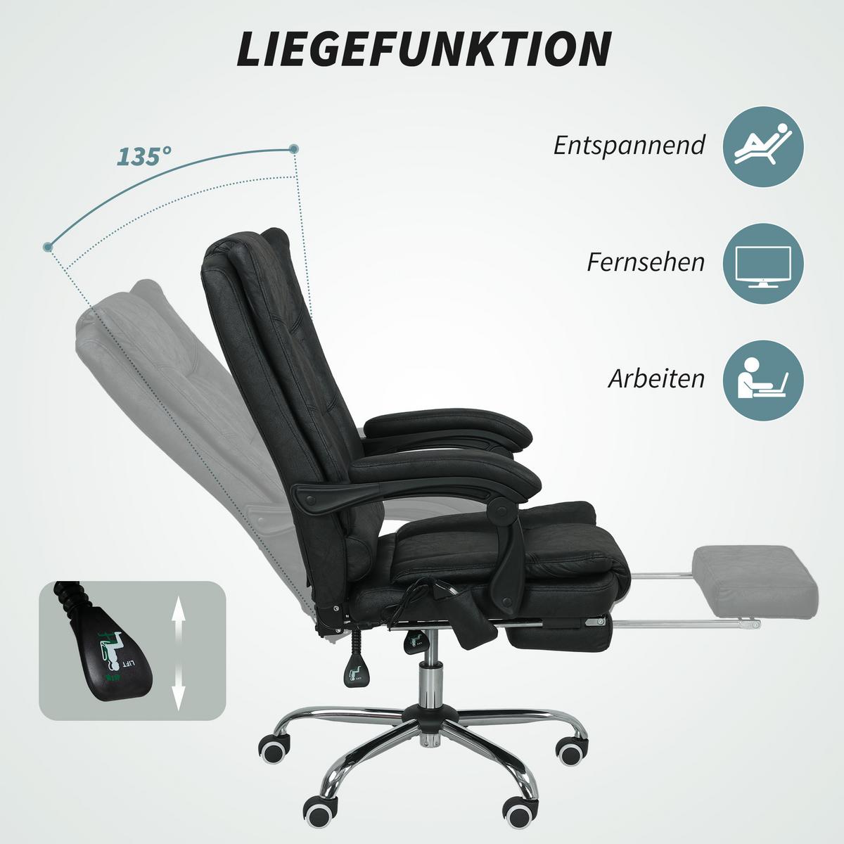 MASSAGE-BÜROSTUHL, Schreibtischstuhl mit Heizfunktion, Fußstütze, Schwarz - Schwarz, Kunststoff (70/118/64cm) - Vinsetto