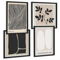 BILDER SET 4er Set - 50x50 cm & 40x60 cm Schwarzer Rahmen - Minimalistische Pflanzenmuster - Schwarz, Kunststoff (50/50cm) - TULUP