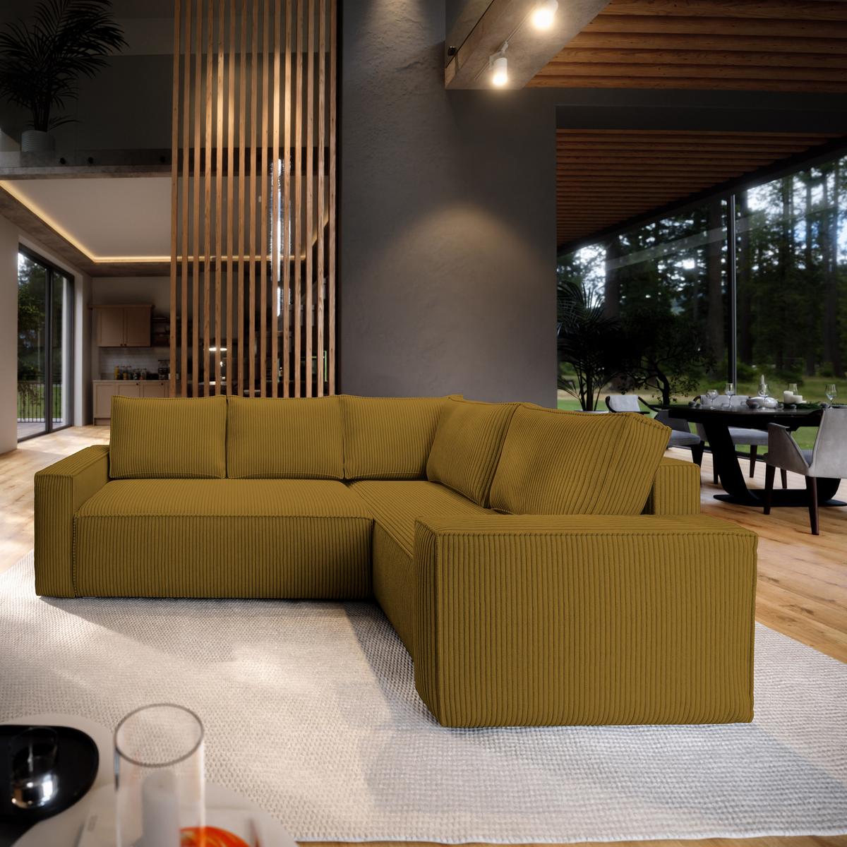 ECKSOFA ESTANO R-S Gelb Kordstoff mit Schlaffunktion - Gelb, Holz (230/158cm) - MASSENO