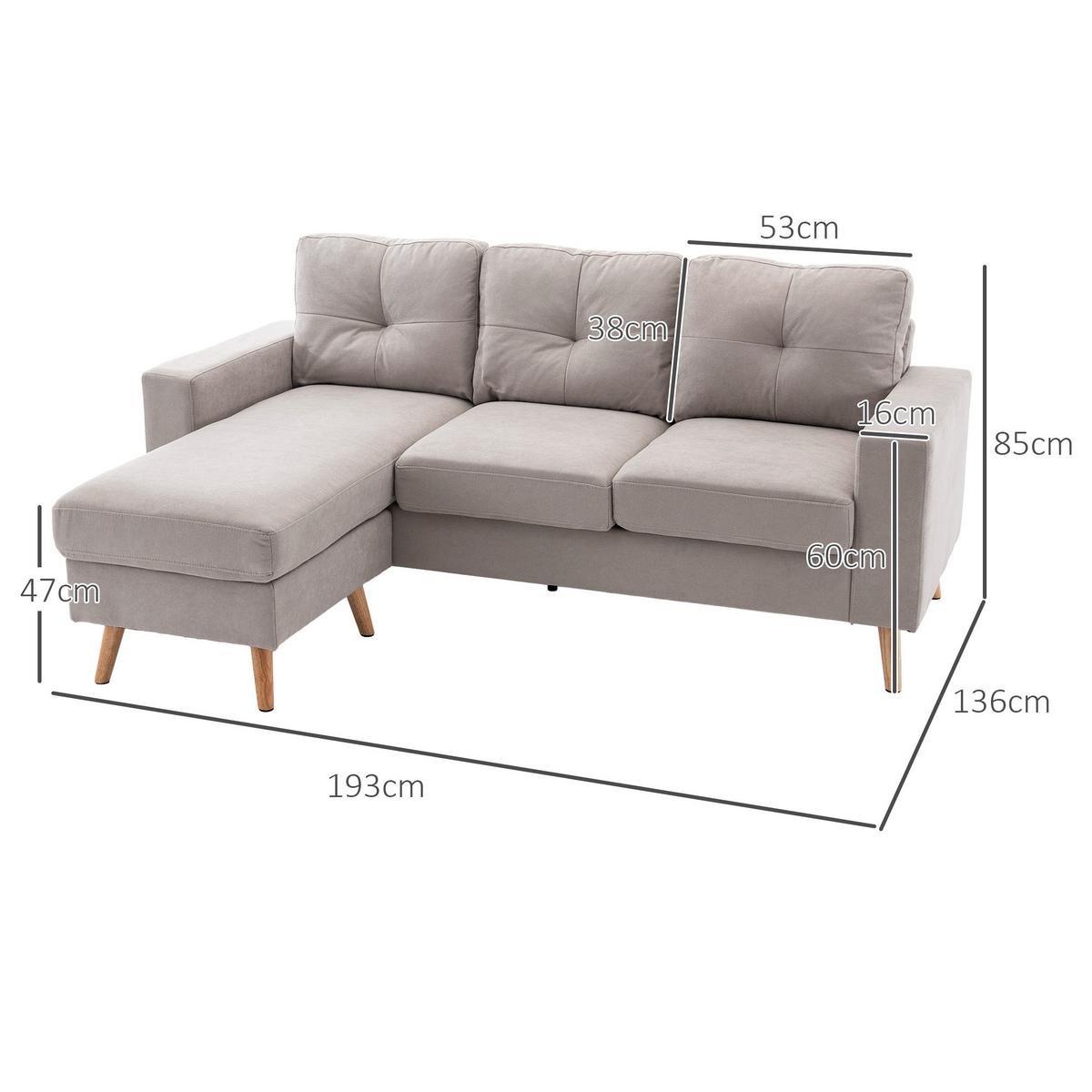 ECKSOFA Eckcouch in L-Form, Eckgarnitur in Leinenoptik Couchgarnitur Hellgrau - Hellgrau/Naturfarben, Holz/Textil (136/193cm) - HOMCOM