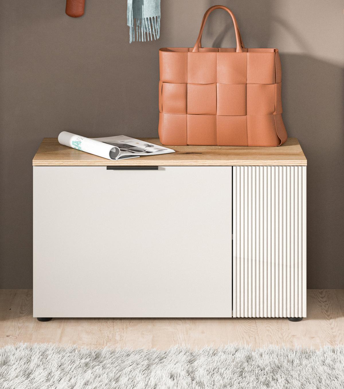 GARDEROBENBANK Kaschmir Sand und Eiche 80 cm, Schuhbank mit 4 Fächern - Kaschmir/Eichefarben, Holzwerkstoff/Kunststoff (80/48/36cm) - Inn.Furn