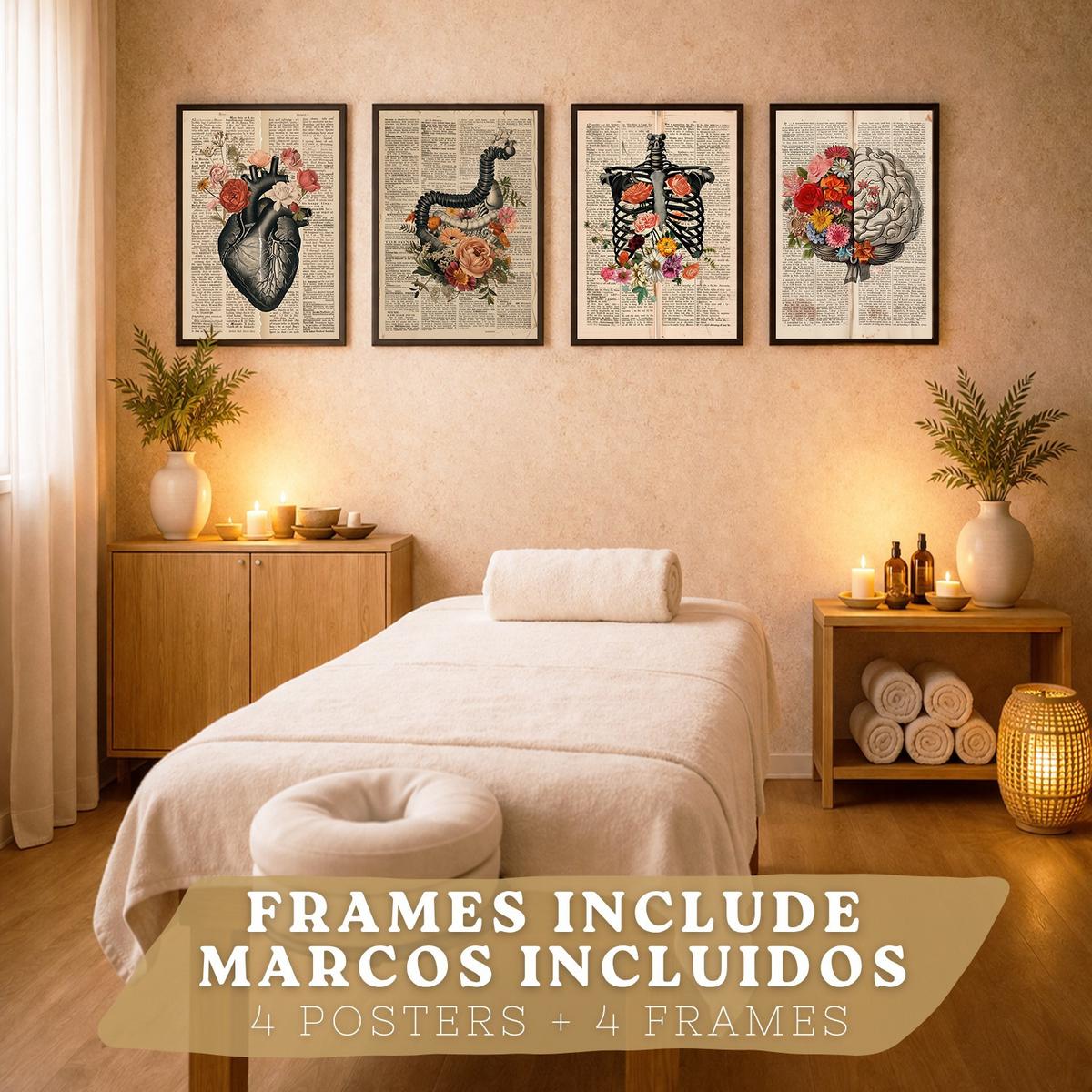POSTER Set aus 4 Anatomie Drucke und Wandbilder mit Herz Gehirn Skelett und Darm Antiker Hintergrund Wanddekoration Größe Schwarzer Rahmen A3 - Schwarz, Papier (29.7/42/3cm) - Nacnic