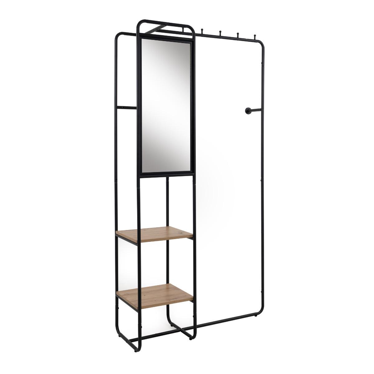 GARDEROBE aus lackiertem metall mit 6 haken, 2 regalen und 1 spiegel - luton 100/37/185 cm - Schwarz, Holzwerkstoff (37/185/43cm) - Calicosy