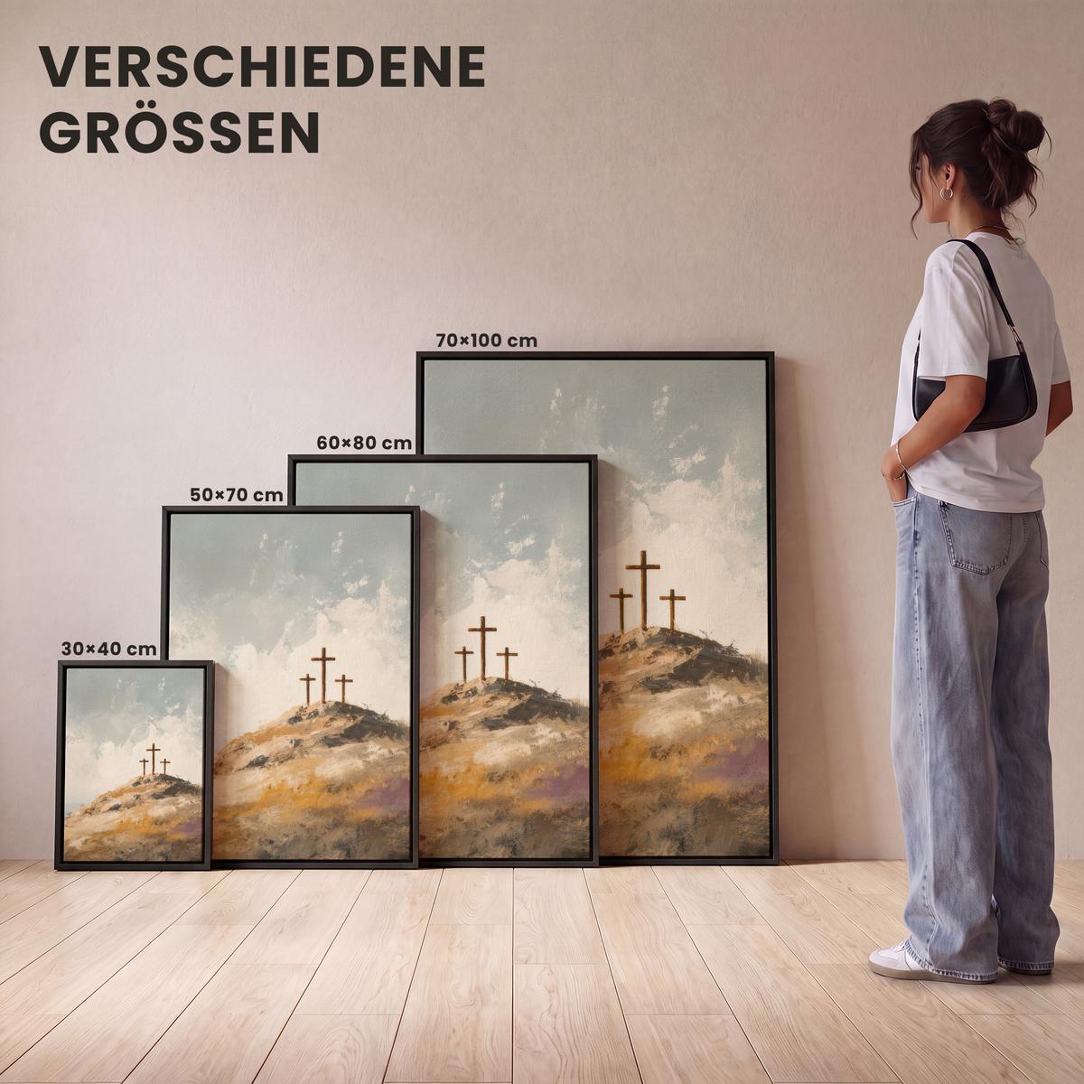 LEINWAND Bilder mit Rahmen - Hügel - Abstrakt - Christentum - Kreuz - 50x70 - Hellgrau, Textil (50/70cm) - MuchoWow