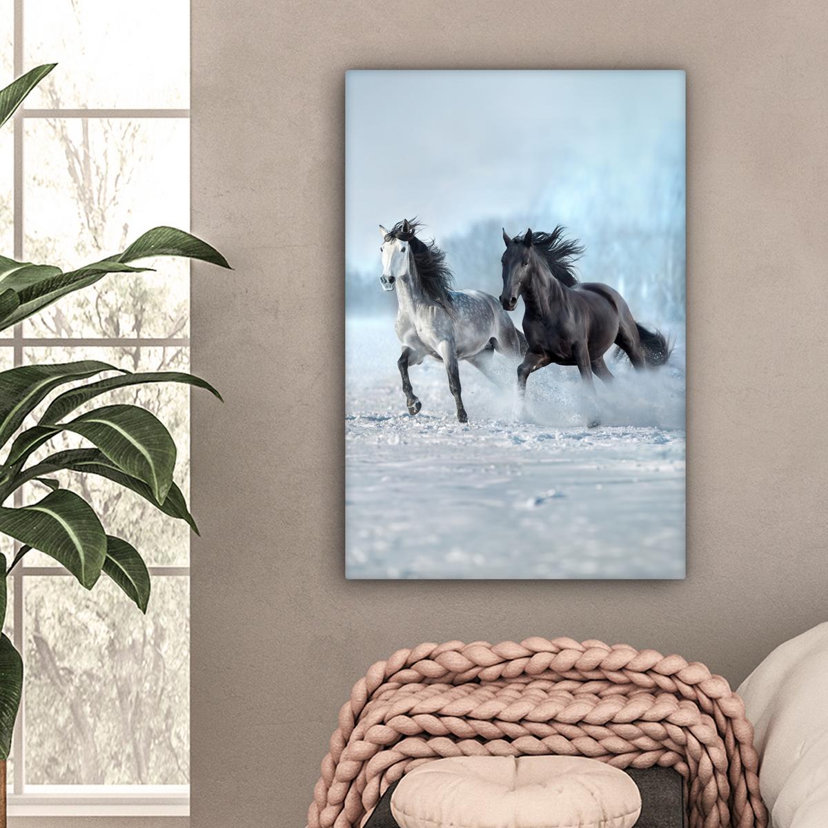 LEINWANDBILD Pferde - Winter - Tiere - Natur - Schnee Wanddeko 40x60 cm - Anthrazit, Textil (40/60cm) - MuchoWow