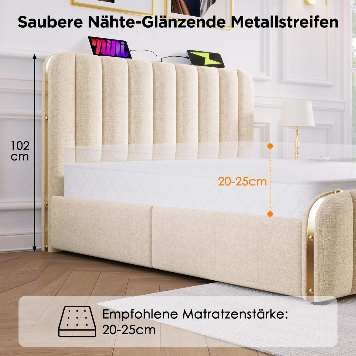 POLSTERBETT 140x190 cm aus beigem leinen, mit 4 schubladen, usb-c und goldenen akzenten - Beige, Textil (140/190cm) - Urban Meuble