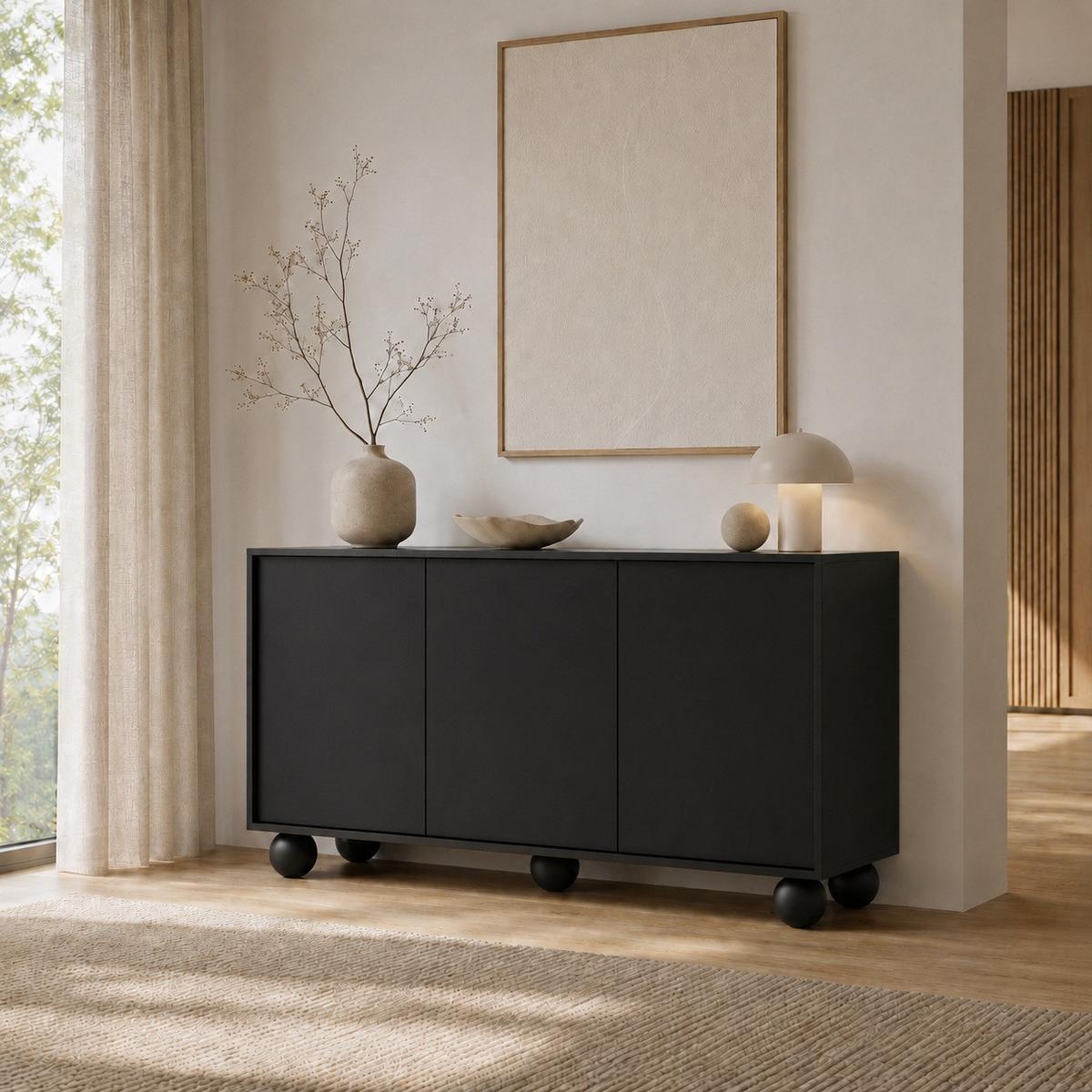 KOMMODE Adel mit 3 Türen und runden Füßen, 154 cm, Griffloss, Schwarz - Schwarz, Holzwerkstoff (154/81/38cm) - Beautysofa