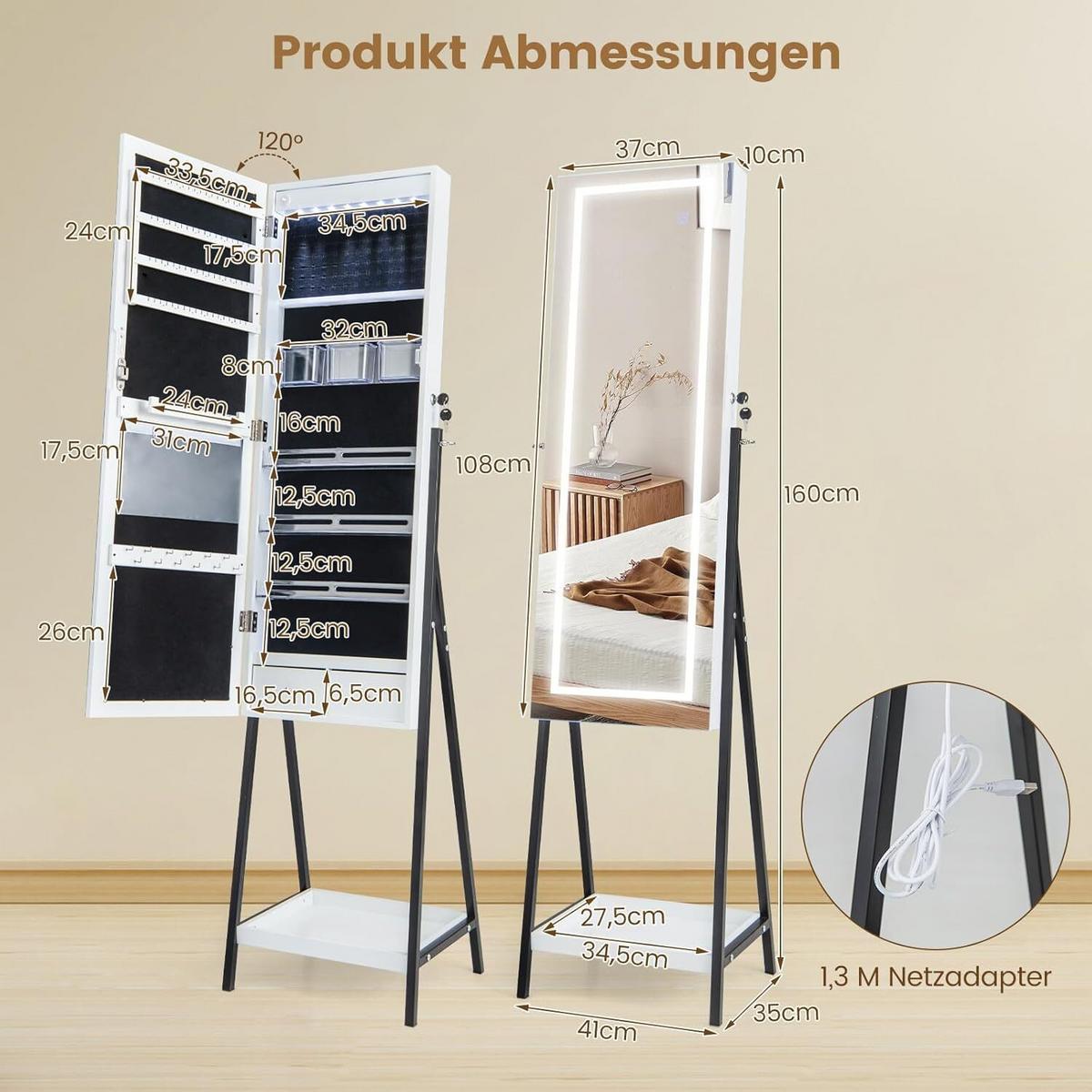 SCHMUCKSCHRANK 160cm Weiß - Weiß, Holz (41/160/35cm) - COSTWAY