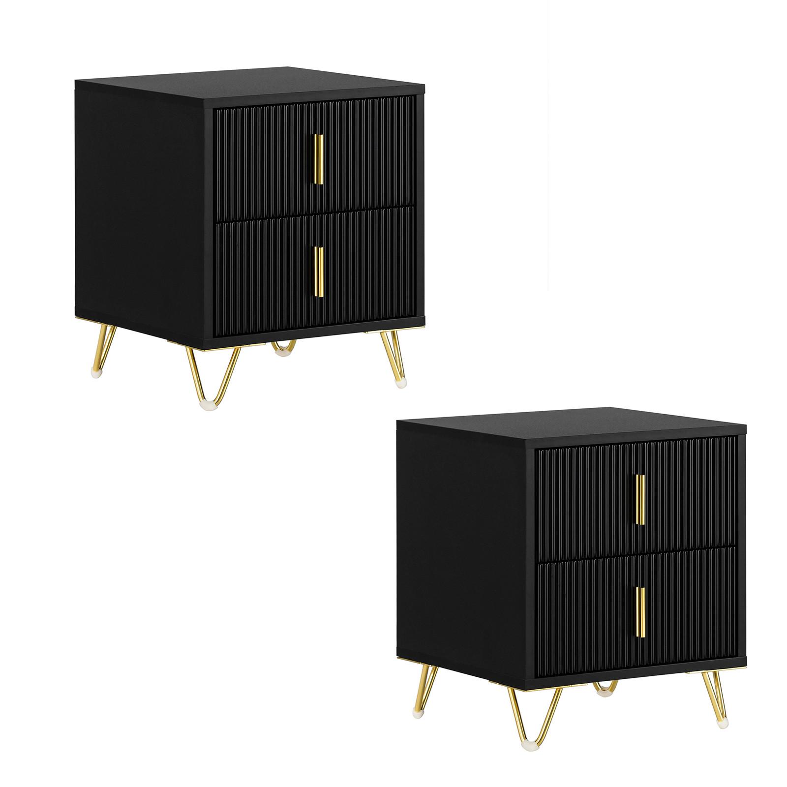 NACHTTISCH 2er Set, Beistelltisch mit 2 Schubladen, Schwarz, 40x47x40cm - Schwarz, Holzwerkstoff/Metall (40/47/40cm) - SoBuy