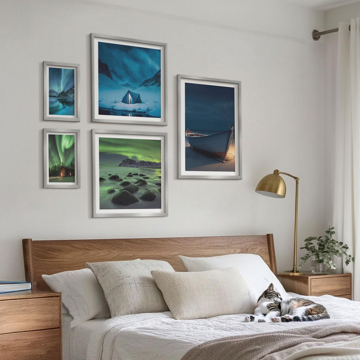BILDER SET 5er Set - 50x50 cm & 20x30 cm & 40x60 cm Silberner Rahmen - Winterlandschaften, Nordlichter, Berge - Silberfarben, Kunststoff (40/60cm) - TULUP