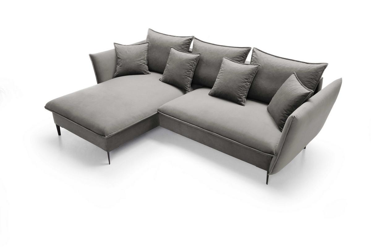 ECKSOFA SOLE Grau Plüsch-Stoff mit Schlaffunktion - Grau, Holz (258/167cm) - MASSENO
