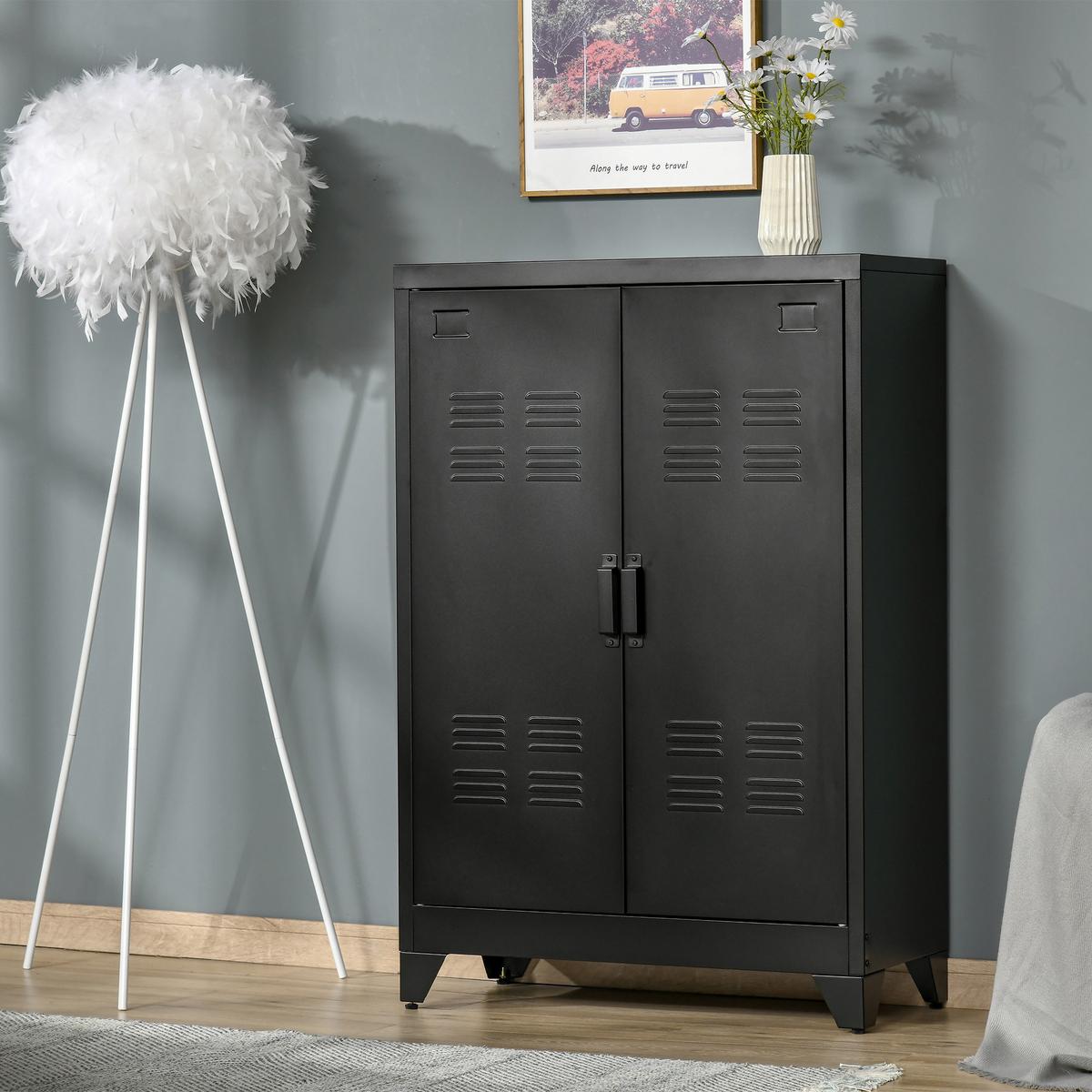 SIDEBOARD mit Lamellentüren Metallschrank mit verstellbaren Einlegeböden - Schwarz, Metall (33/110/75cm) - HOMCOM
