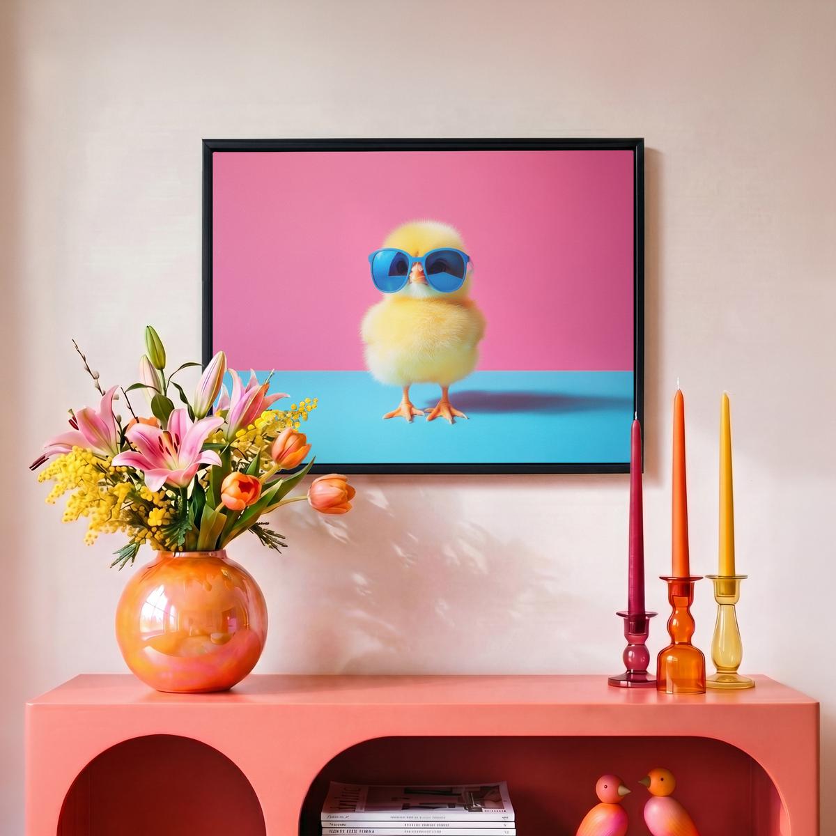 LEINWAND Bilder mit Rahmen - Chick - Sonnenbrille - Blau - 40x30 - Pink, Textil (40/30cm) - MuchoWow