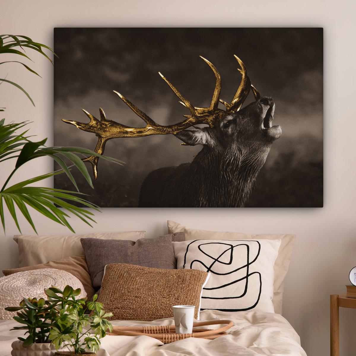 LEINWANDBILD Rotwild - Schwarz - Gold Wohnzimmer Groß 120x80 cm - Braun, Textil (120/80cm) - MuchoWow