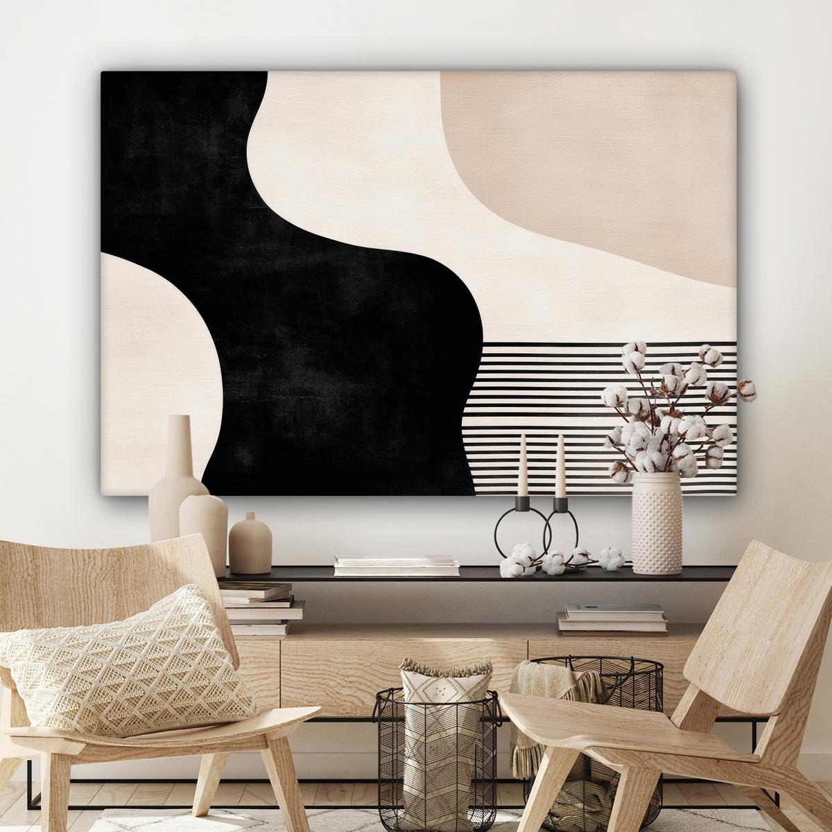 LEINWANDBILD Abstrakt - Japandi - Beige - Modern Groß 140x90 cm - Schwarz, Textil (140/90cm) - MuchoWow