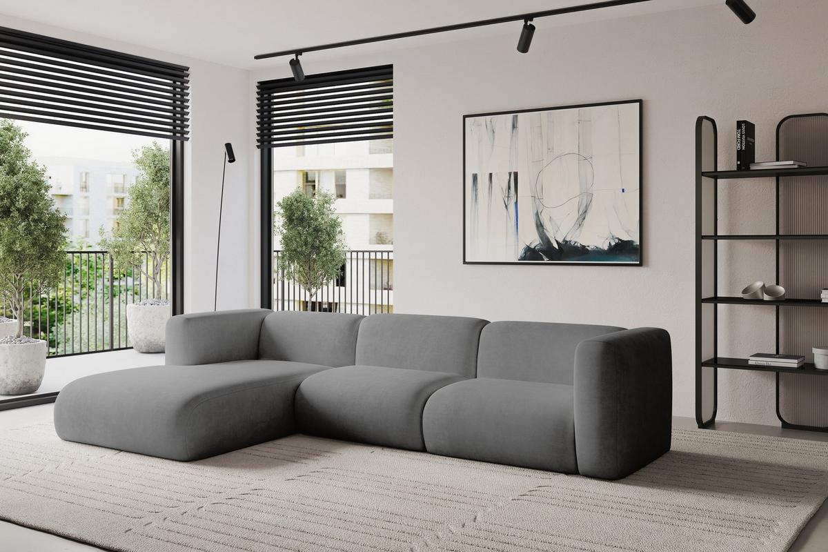 ECKSOFA Ottomane Links MIRA-L1 227x179x89 Grau Velours - Schieferfarben/Schwarz, Holzwerkstoff/Kunststoff (227/179cm) - ALTDECOR