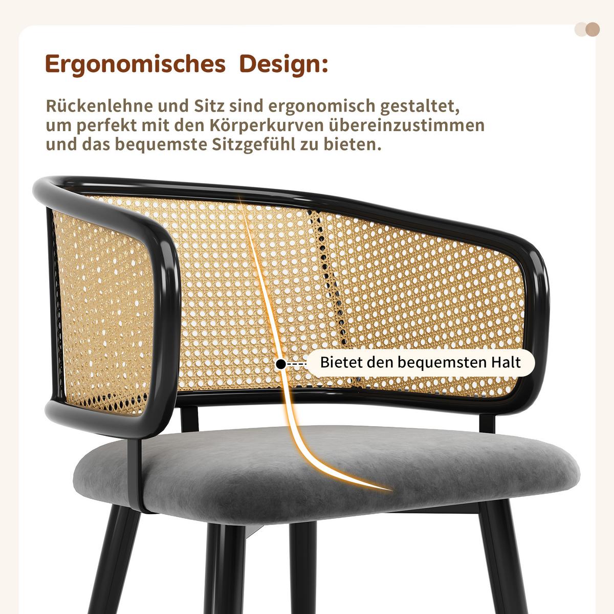 ESSZIMMERSTÜHLE 2er Set Rattan Rückenlehne & Samtsitz - Schwarz/Grau, Leder/Textil (47/79/47cm) - Urban Meuble