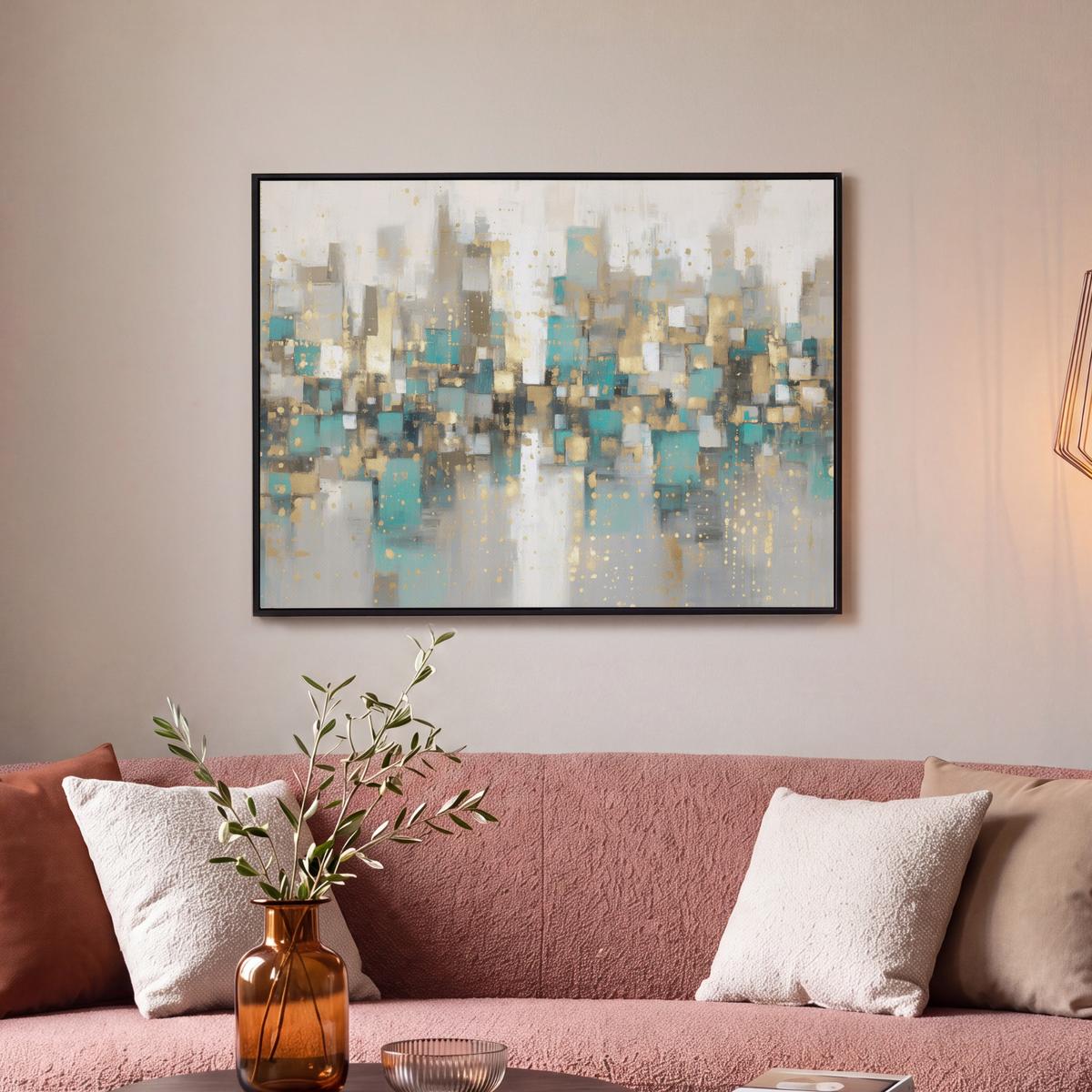 LEINWAND Bilder mit Rahmen - Abstrakt - Blöcke - Gold - Skyline - 70x50 - Beige, Textil (70/50cm) - MuchoWow