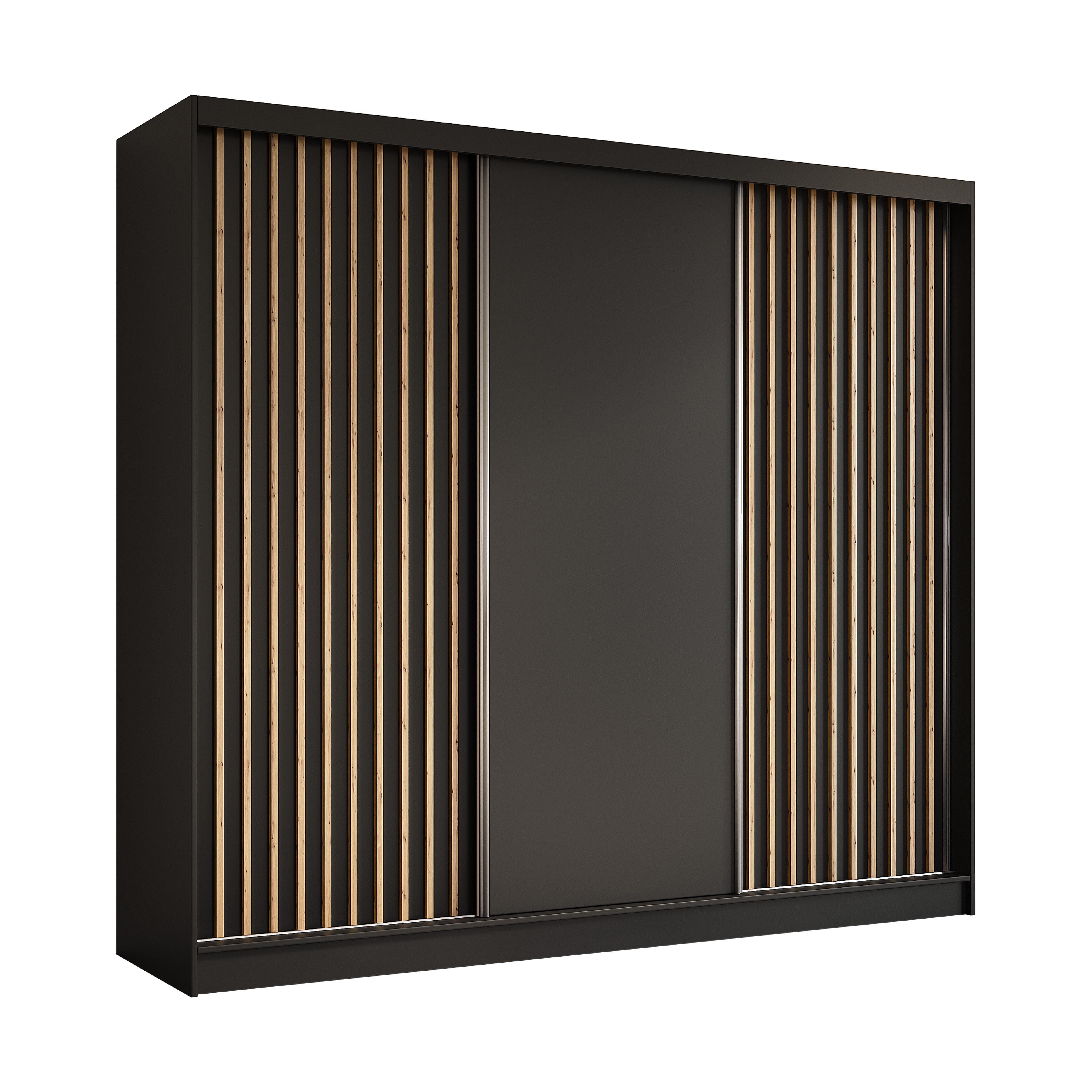 KLEIDERSCHRANK mit furnierten Schiebetüren und Aluminium-Leisten, LED-Beleuchtung - LABELO - 240 cm Schwarz+Schwarz+Artisan - Schwarz/Eiche Artisan, Holzwerkstoff (240/216/61cm) - ALTDECOR