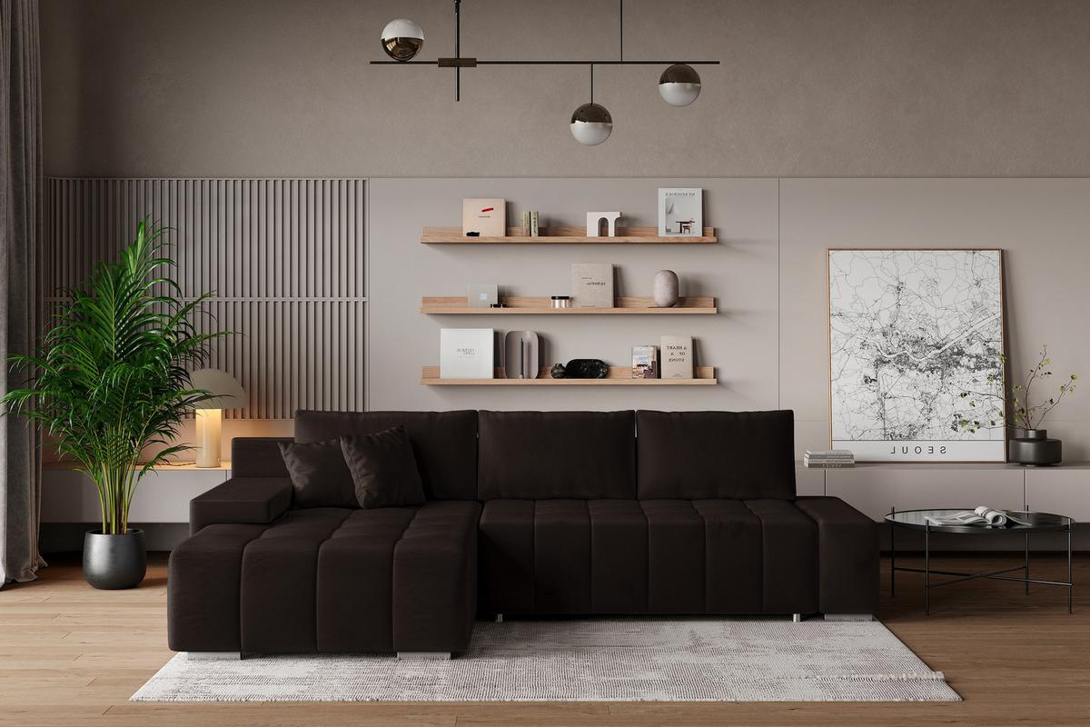 ECKSOFA ALESE L-S Braun Velours-Stoff mit Schlaffunktion - Silberfarben/Braun, Holz/Textil (265/185cm) - MASSENO