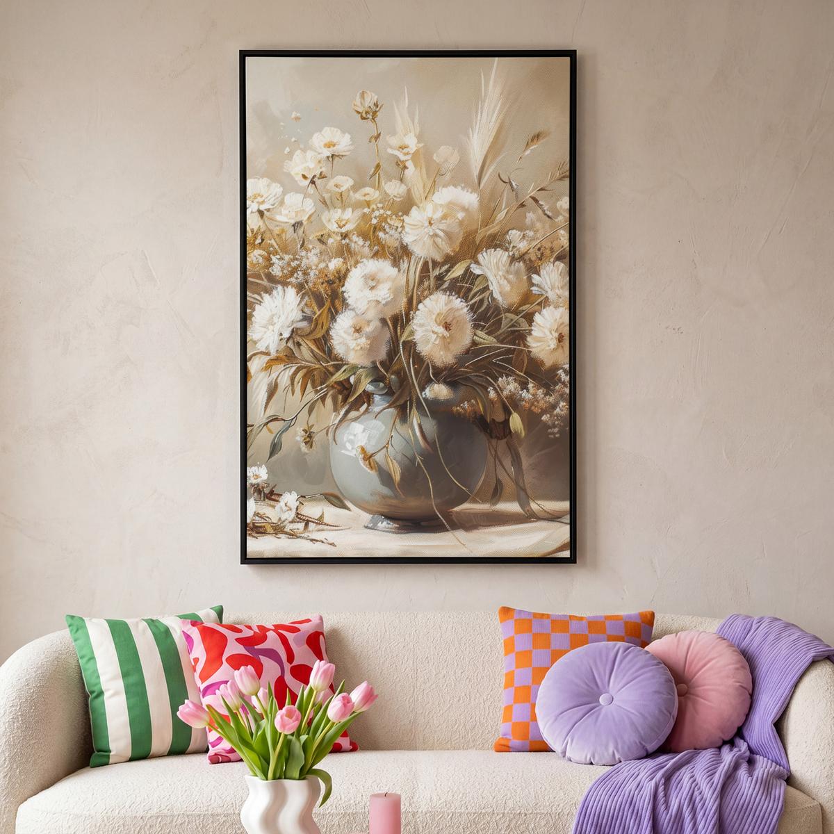 LEINWAND Bilder mit Rahmen - Blumen - Vase - Stilleben - Beige - 100x150 - Creme, Textil (100/150cm) - MuchoWow