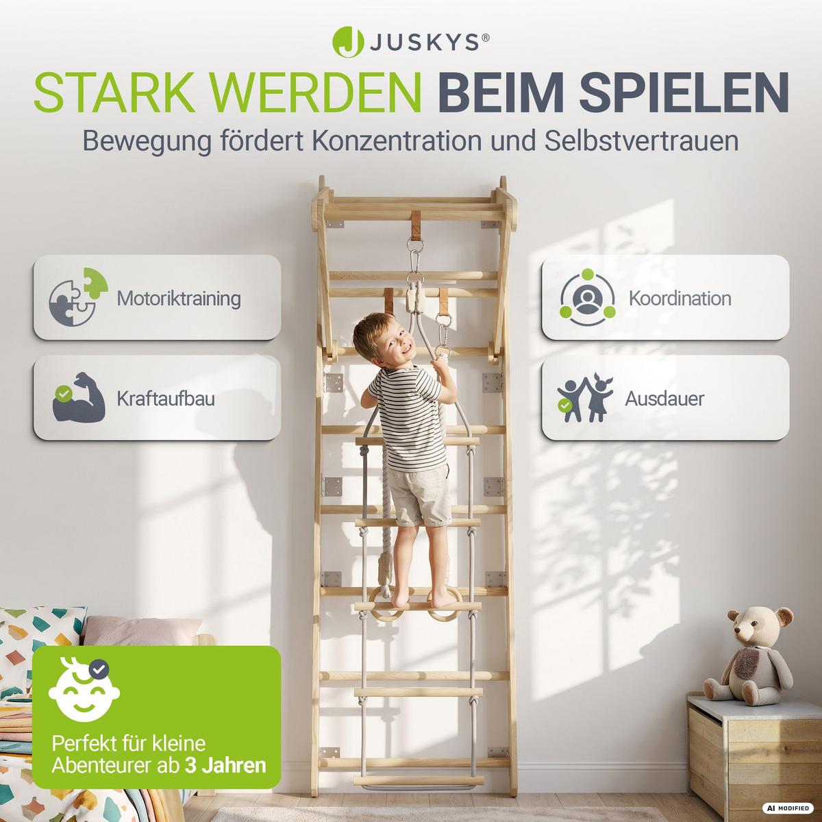 SPROSSENWAND für Kinder mit Turnringen - Naturfarben, Holz (62/57cm) - Juskys