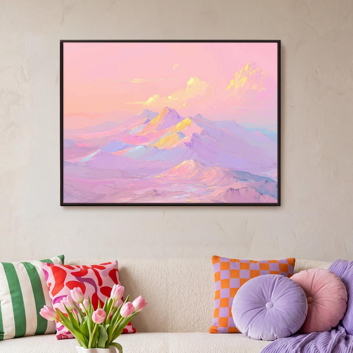 LEINWAND Bilder mit Rahmen - Berggipfel - Wolken - Verträumt - 100x70 - Hellrosa, Textil (100/70cm) - MuchoWow