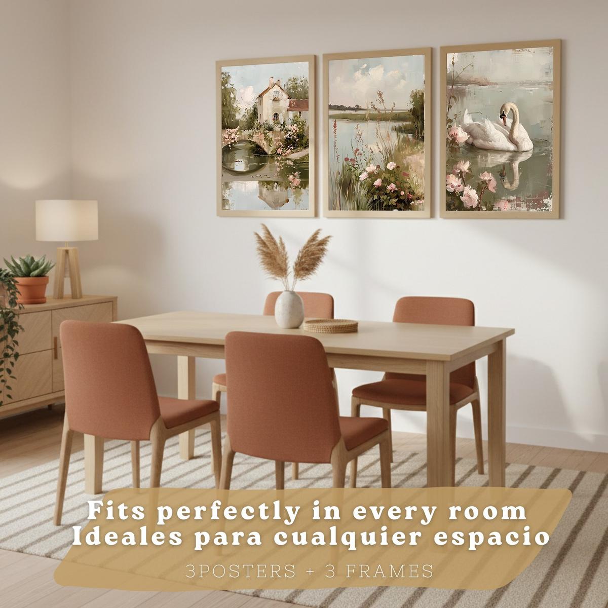POSTER 3er Bilder-Set Wandbilder Ölmalerei modern Wohnzimmer Deko, Schlafzimmer, Küche, Badezimmer Leichter Holzrahmen A4 - Beige, Papier (29.7/1/21cm) - Nacnic