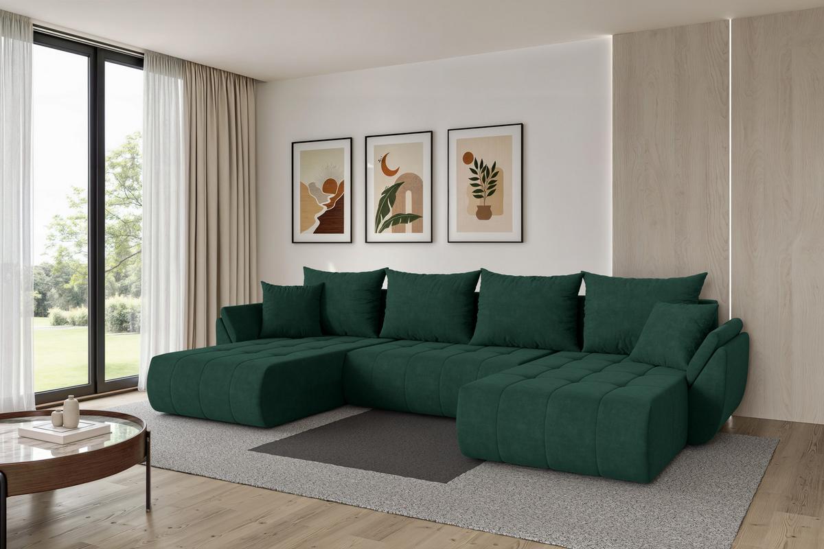 WOHNLANDSCHAFT mit Schlaffunktion und Bettkasten TOKO-U 378x194x86 Grün Velours - Schwarz/Grün, Holzwerkstoff/Kunststoff (378/86/194cm) - ALTDECOR